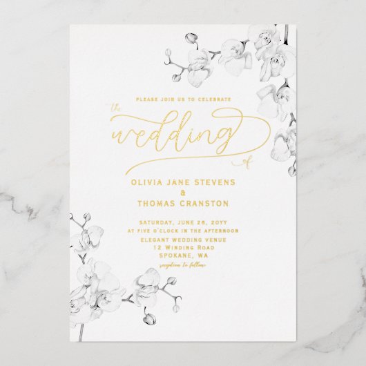 フォーマルモダンクラシックアイボリーフローラ結婚ズ 箔招待状 (正面)