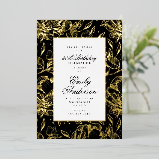 フォーマル実在金ゴールド手書きフローラ誕生日 箔招待状 (立ち正面)