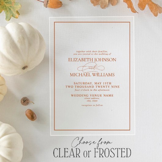 フォーマル燃えたオクラシックレンジ結婚スクリプト アクリル招待状