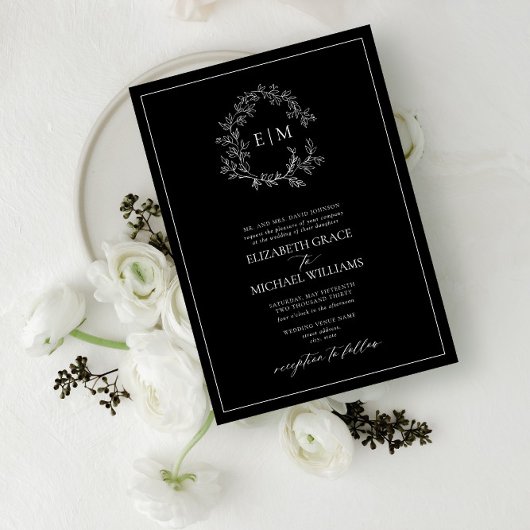 フォーマル白黒リーピークレストモノグラム結婚ズ 招待状