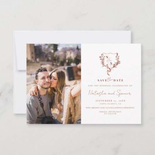 フォーマル素朴フローラクレストモノグラム日付の保存 セーブザデート (正面)