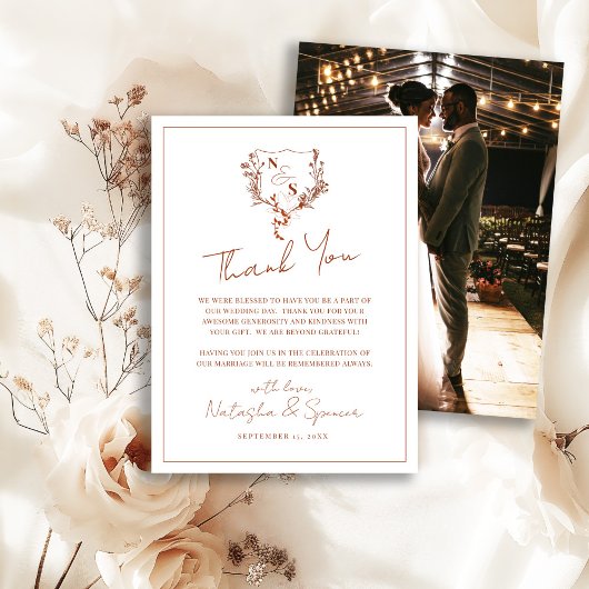 フォーマル素朴フローラクレストモノグラム結婚ズ サンキューカード