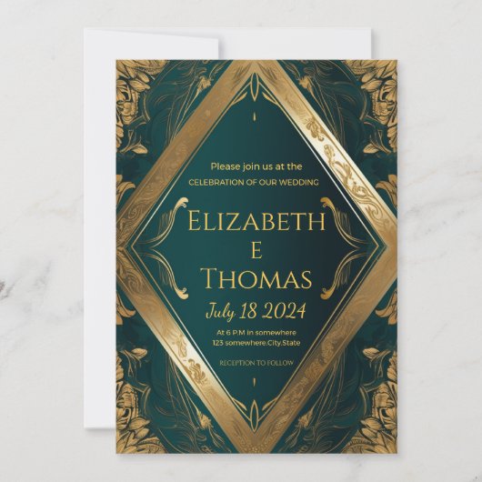 フォーマル結婚式招待状エメラルドグリーンと金ゴールド 招待状 (正面)
