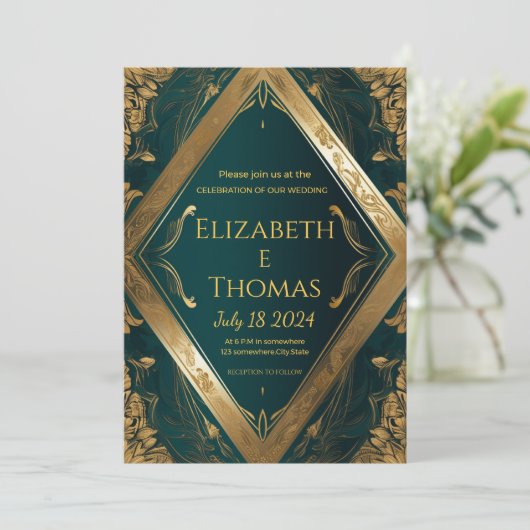 フォーマル結婚式招待状エメラルドグリーンと金ゴールド 招待状 (スタンド正面)