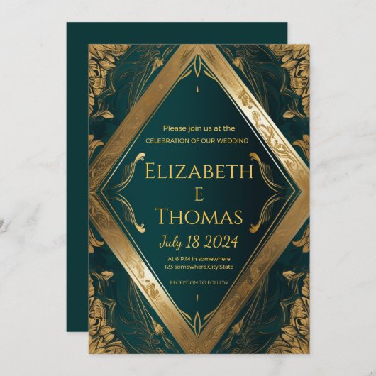 フォーマル結婚式招待状エメラルドグリーンと金ゴールド 招待状 (正面/裏面)