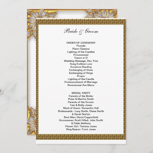フォーマル結婚式 プログラム白と金ゴールド プログラム (正面/裏面)