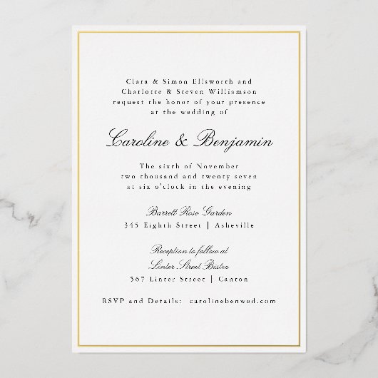 フォーマル縁どクラシック結婚エレガントの金ゴールド 箔招待状 (正面)