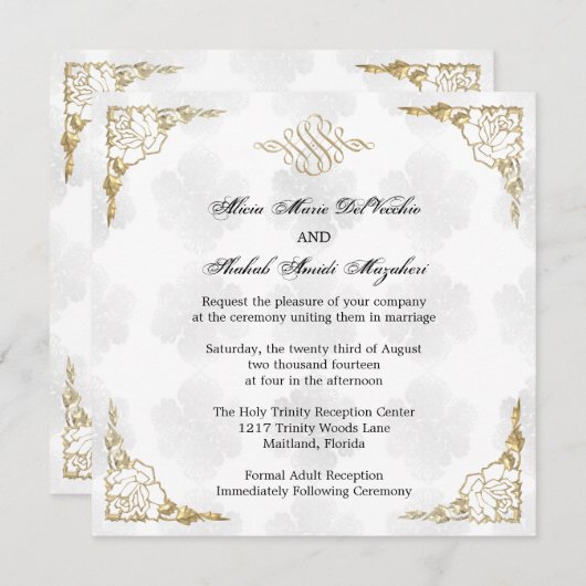 フォーマル金ゴールドエレガントアクセントフローラ結婚式 招待状 (正面/裏面)