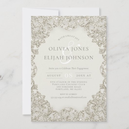 フォーマル金ゴールドスパークルヴィンテージエレガンス婚約 招待状 (正面)