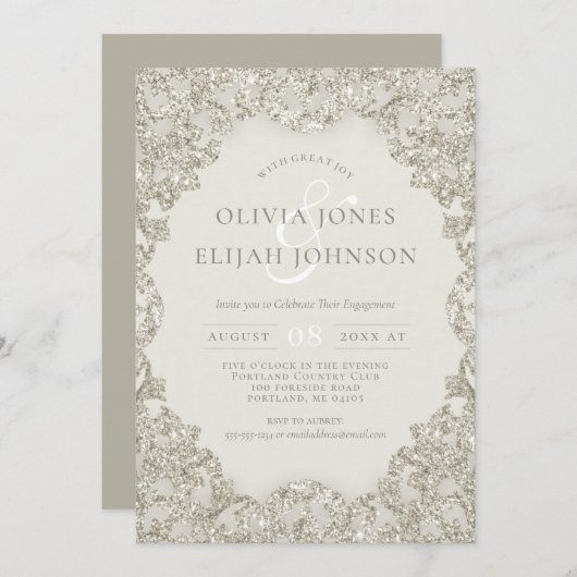 フォーマル金ゴールドスパークルヴィンテージエレガンス婚約 招待状 (正面/裏面)