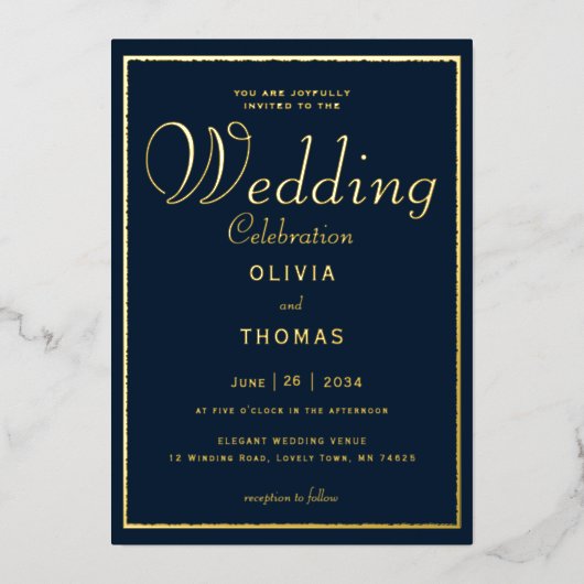 フォーマル金ゴールドフレーム書道ネイビー結婚ズ 箔招待状 (正面)
