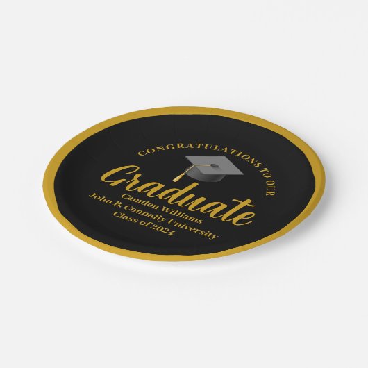 フォーマル金ゴールドブラック卒業パーパーソナライズされたティ ペーパープレート (アングル)