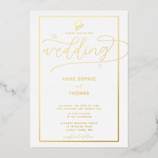 フォーマル金ゴールド春リリー・オブ・バレー・フローラ結婚ズ 箔招待状 (正面)