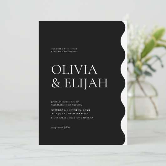 フォーマル黒と白のモダン波状結婚の 招待状 (スタンド正面)