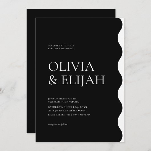 フォーマル黒と白のモダン波状結婚の 招待状 (正面/裏面)
