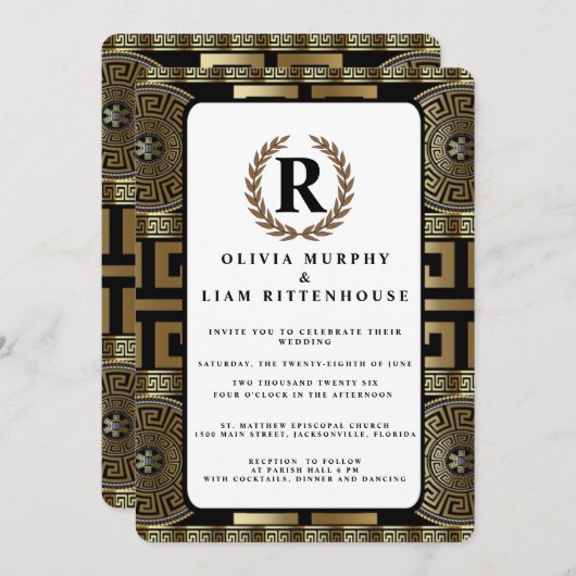 フォーマル クラシック ギリシャの生命の鍵 ライラの花輪 招待状 (正面/裏面)