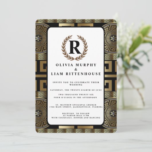 フォーマル クラシック ギリシャの生命の鍵 ライラの花輪 招待状 (スタンド正面)