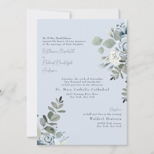 フォーマル ダスティーブルー フローラル ブライド ペアレンツ II ウェディング 招待状 (正面)