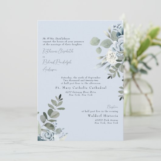 フォーマル ダスティーブルー フローラル ブライド ペアレンツ II ウェディング 招待状 (スタンド正面)
