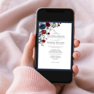 フォーマル ネイビーブルー バーガンディ フローラル ウォーターカラー スクリプト 招待状