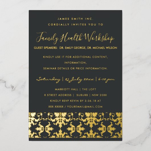フォーマル ブラック ゴールド ダマスク クラシック ワークショップ イベント 箔招待状 (正面)
