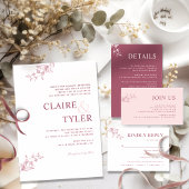 フォーマル,モダンタイポグラフィブルゴーニュ，ピンク結婚ス 招待状