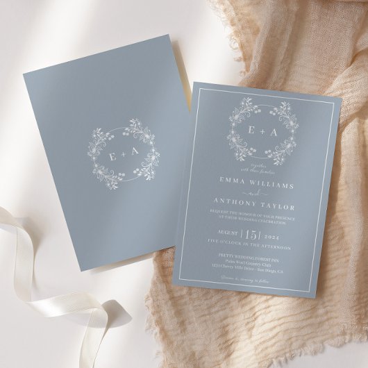 フォーマル ヴィンテージ ダスティーブルー モノグラム ウェディング 招待状