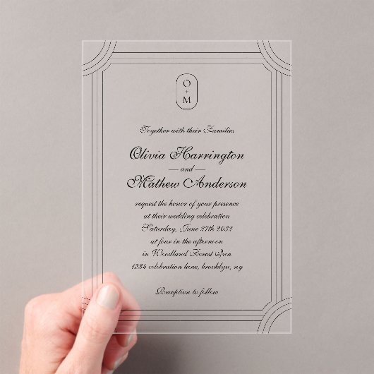 フォーマルScript with/Geometric Frame Monogram 結婚's アクリル招待状 (インサイチュ (ポータブル))