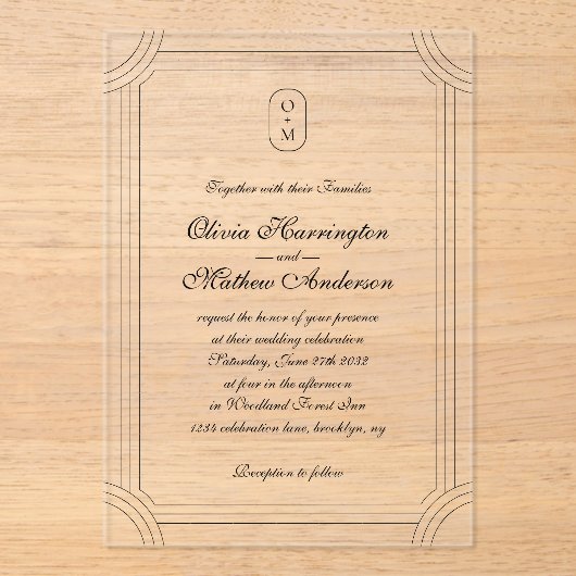 フォーマルScript with/Geometric Frame Monogram 結婚's アクリル招待状 (正面)