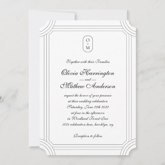 フォーマルScript with/Geometric Frame Monogram 結婚's 招待状 (正面)