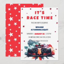 フォーミュラレースカー 赤い煙 星 F1 誕生日 招待状