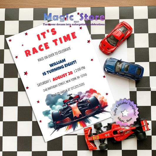 フォーミュラレースカー 赤い煙 星 F1 誕生日 招待状