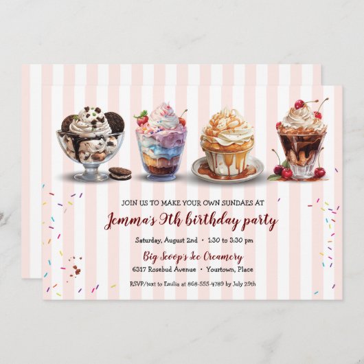 フォーメイクアイスクリームサンデー誕生日 招待状 (正面/裏面)