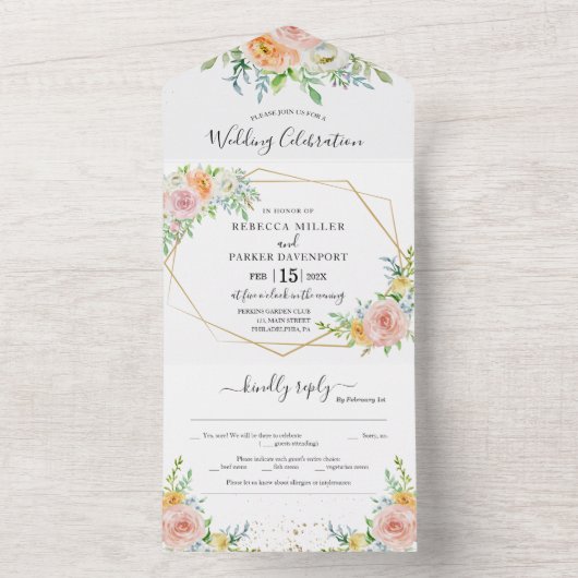 フォーラル赤面ピンク結婚式招待状オールインワン オールインワン招待状 (内側)