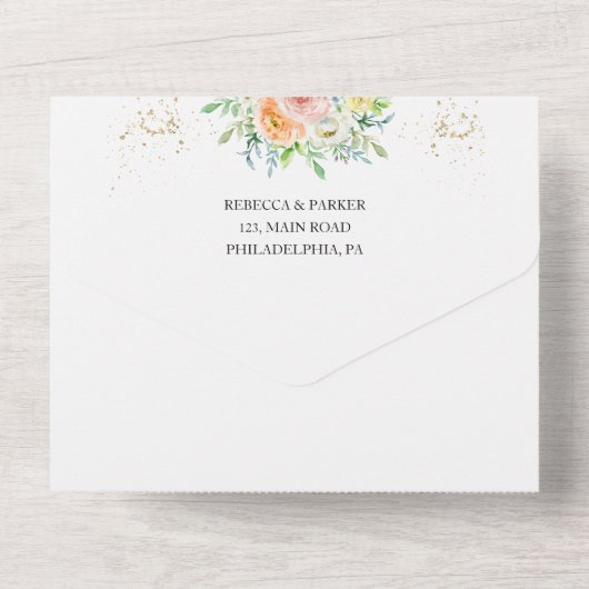 フォーラル赤面ピンク結婚式招待状オールインワン オールインワン招待状 (裏面)