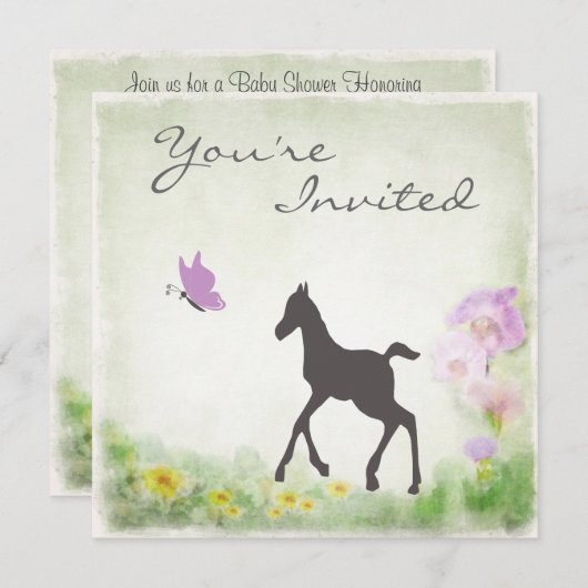 フォールかわいらしと蝶の馬のベビーシャワー招待状 招待状 (正面/裏面)