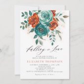 フォールインラブティール(緑がかった色)焼けオレンジブライダルシャワー 招待状 (正面)