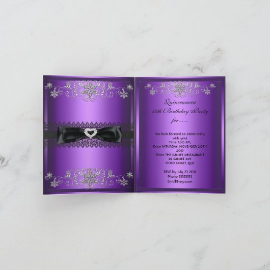 フォールディングカードキンセアニェラパープルグリッターティアラ 招待状 (内部)