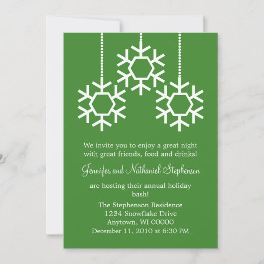 フォールディングスノーフレークスホリデーパーティーグリーン 招待状 (正面)