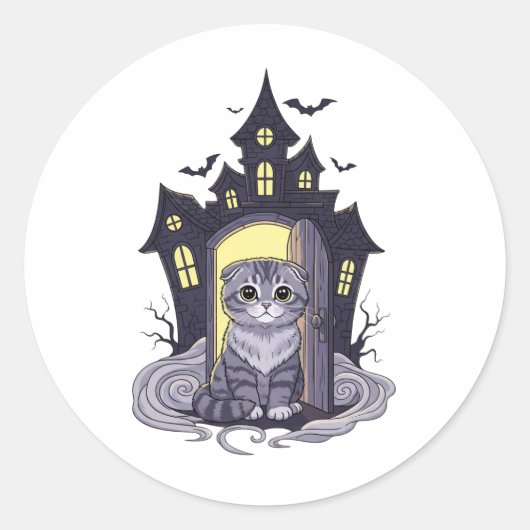 フォールド幽霊のよく出るハウス – スコティッシュフォールドキャットハロウィーン ラウンドシール (正面)