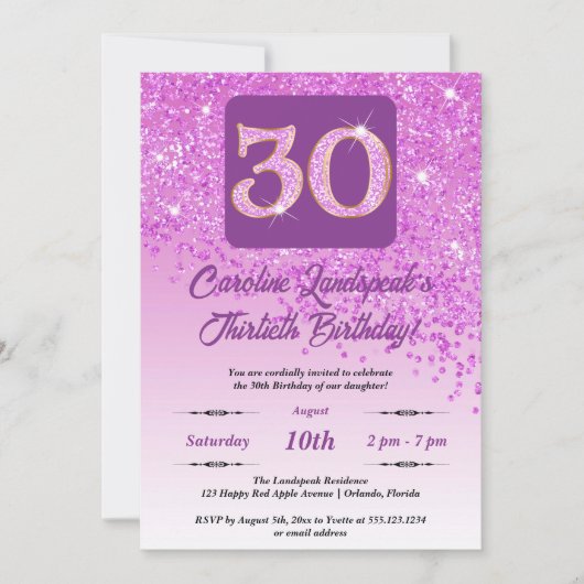 フォールピンクグリッター30歳の誕生日パーティー 招待状 (正面)