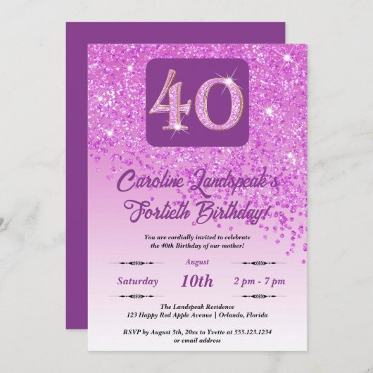 フォールピンクグリッター40歳の誕生日パーティー 招待状 (正面/裏面)