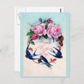 フォールンブルーの鳥とバラの母の日 ポストカード (正面/裏面)