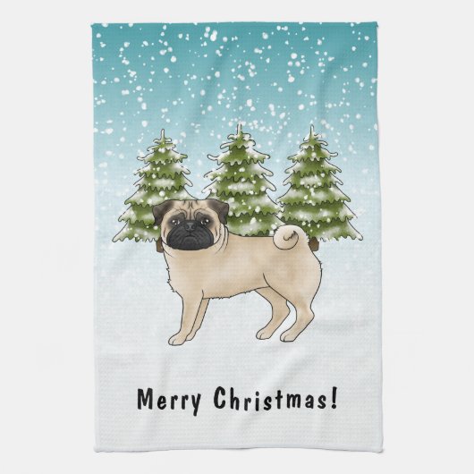 フォーン・パグ かわいい カートゥーン 犬 雪の 森 キッチンタオル (縦)