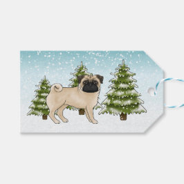 フォーン・パグ かわいい カートゥーン 犬 雪の 森 ギフトタグ