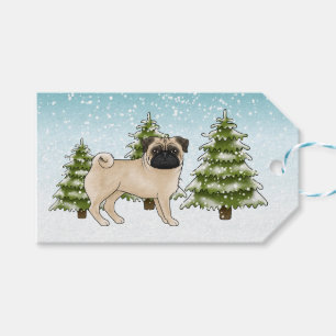 フォーン・パグ かわいい カートゥーン 犬 雪の 森 ギフトタグ