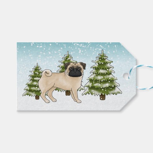 フォーン・パグ かわいい カートゥーン 犬 雪の 森 ギフトタグ (正面(横))