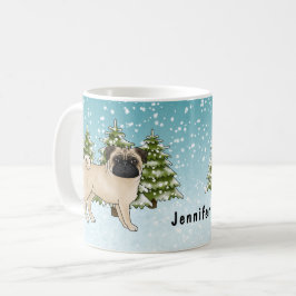 フォーン・パグ かわいい カートゥーン 犬 雪の 森 コーヒーマグカップ