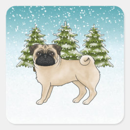 フォーン・パグ かわいい カートゥーン 犬 雪の 森 スクエアシール