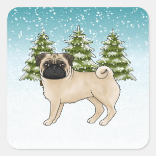 フォーン・パグ かわいい カートゥーン 犬 雪の 森 スクエアシール
